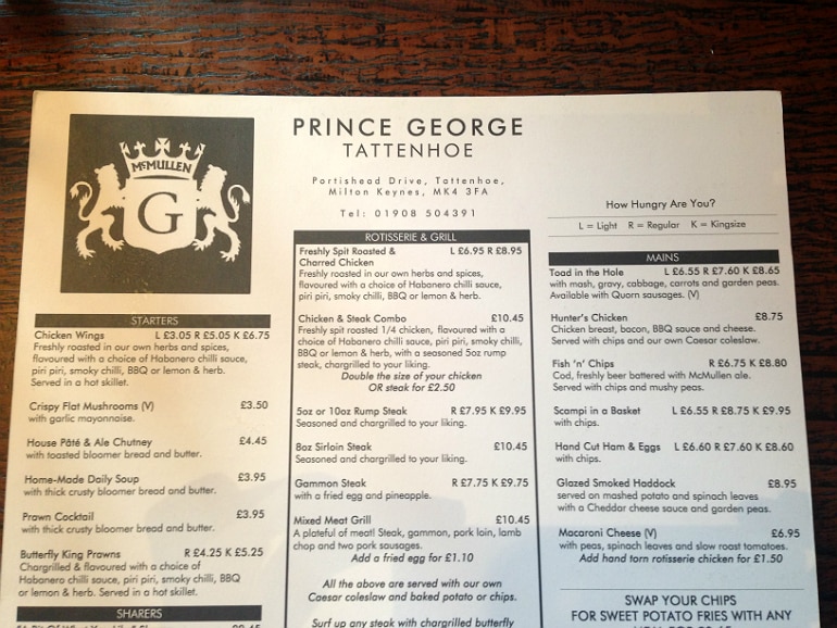 Prince George pub tattenhow milton keynes review menu