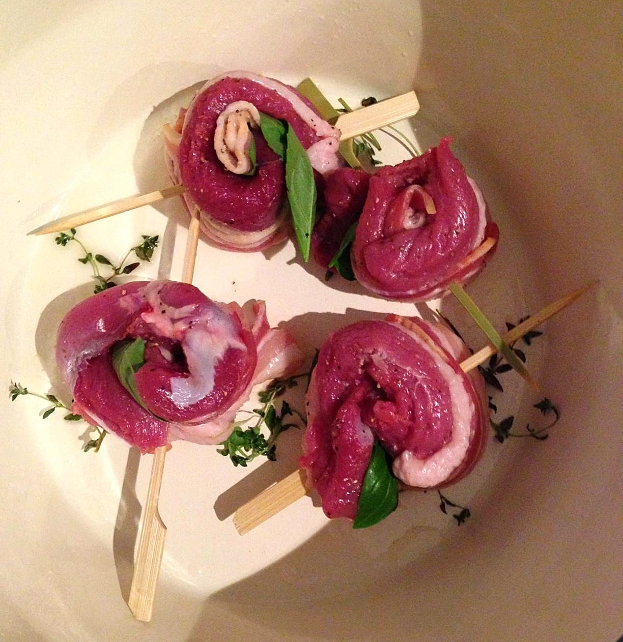 Bacon duck swirl with basil and thyme