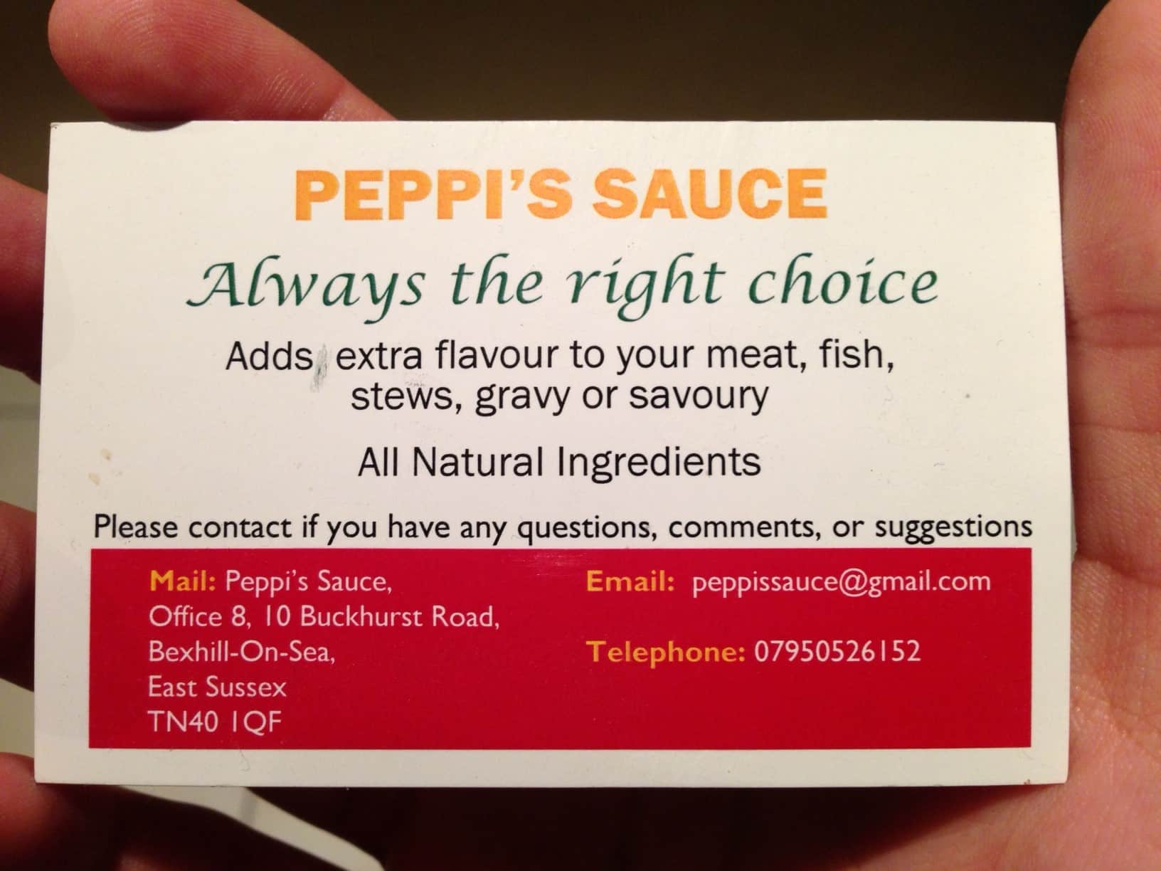 Peppis hot sauce Milton Keynes business card